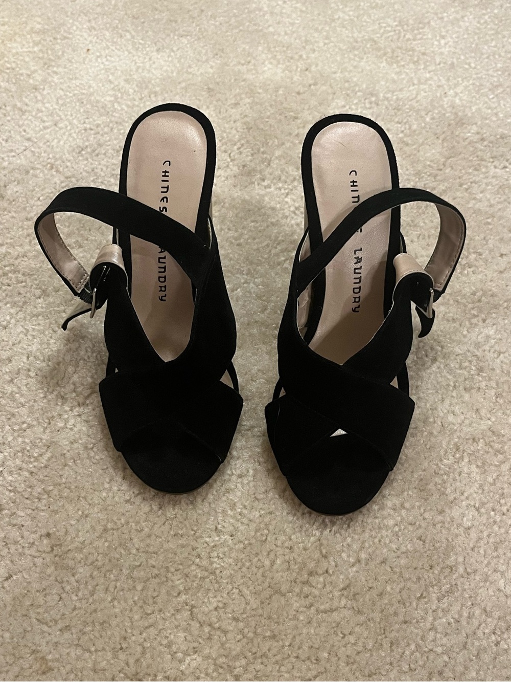Chinese Laundry Black Suede Crisscross Slingback Heels